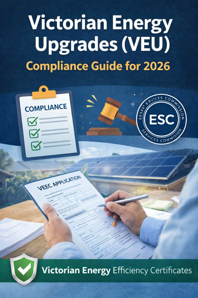 VEU compliance guide for 2026 showing VEEC paperwork, solar installation and Victorian energy upgrade regulations