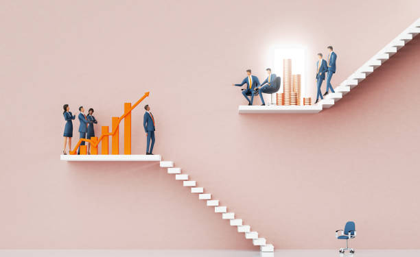 Business professionals on staircases with growth charts and stacked coins, representing how mortgage brokers can map client financial roadmaps to generate repeat business and referrals